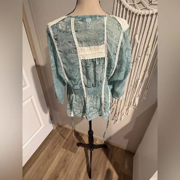 American Rag Teal Button-Down Blouse with Lace - Picture 5 of 8